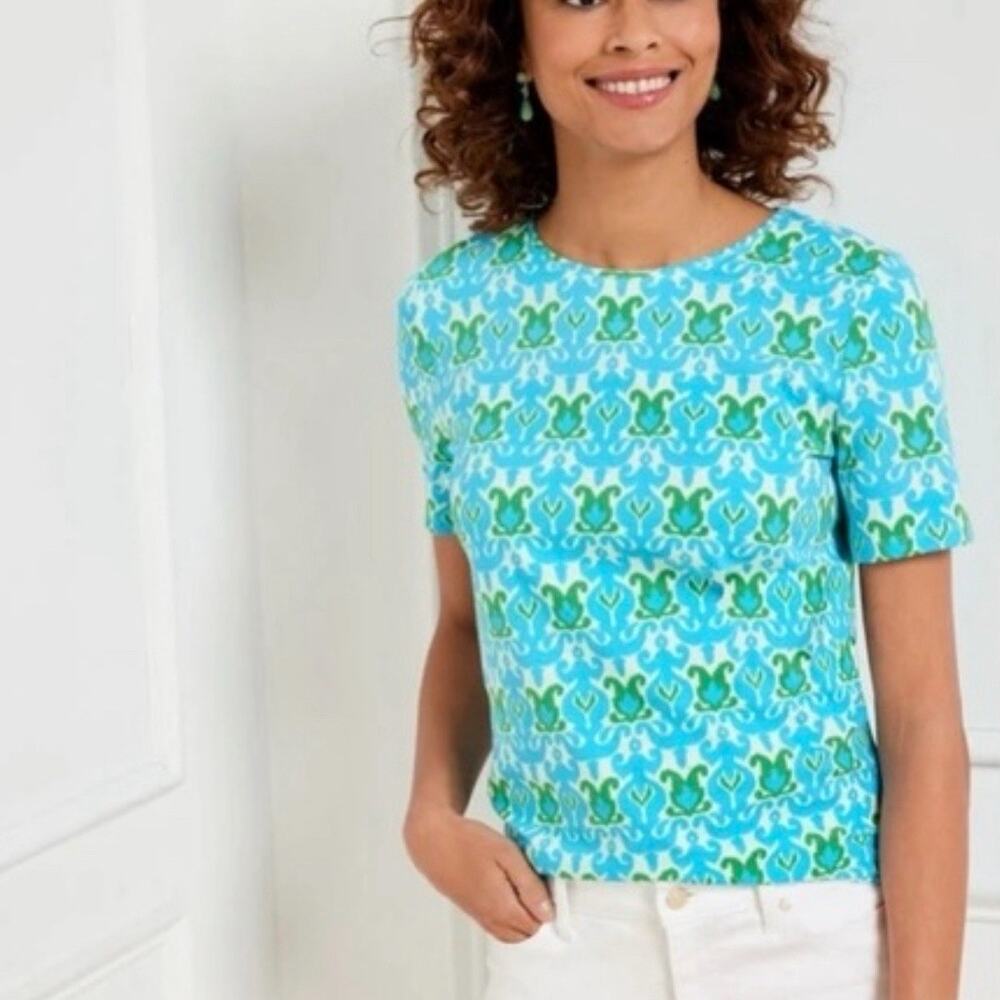Talbots Short Sleeve Blue Green Geometric Medium P NWT Cotton Everyday Tee Top